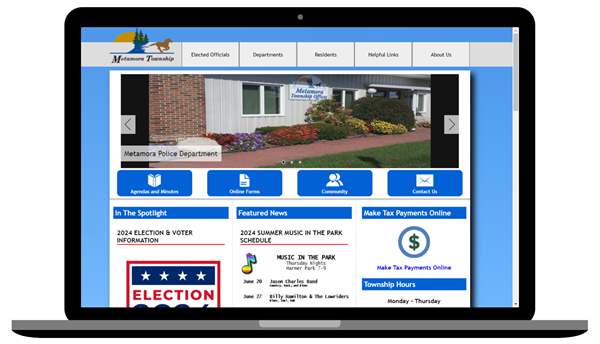 Tablet displaying Metamora Township website homepage.